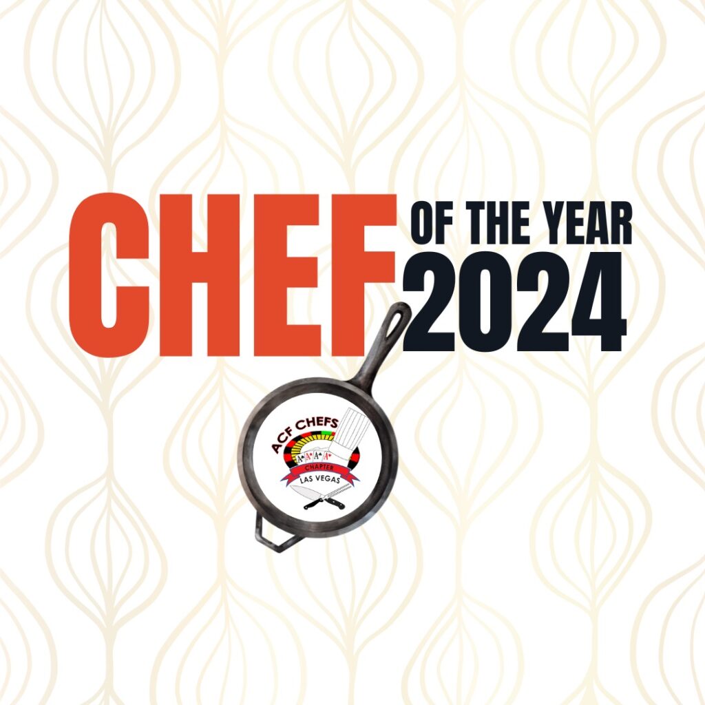 Text: Chef of The Year 2024. There is a cartoon frying pan with the ACF Chefs logo inside it.