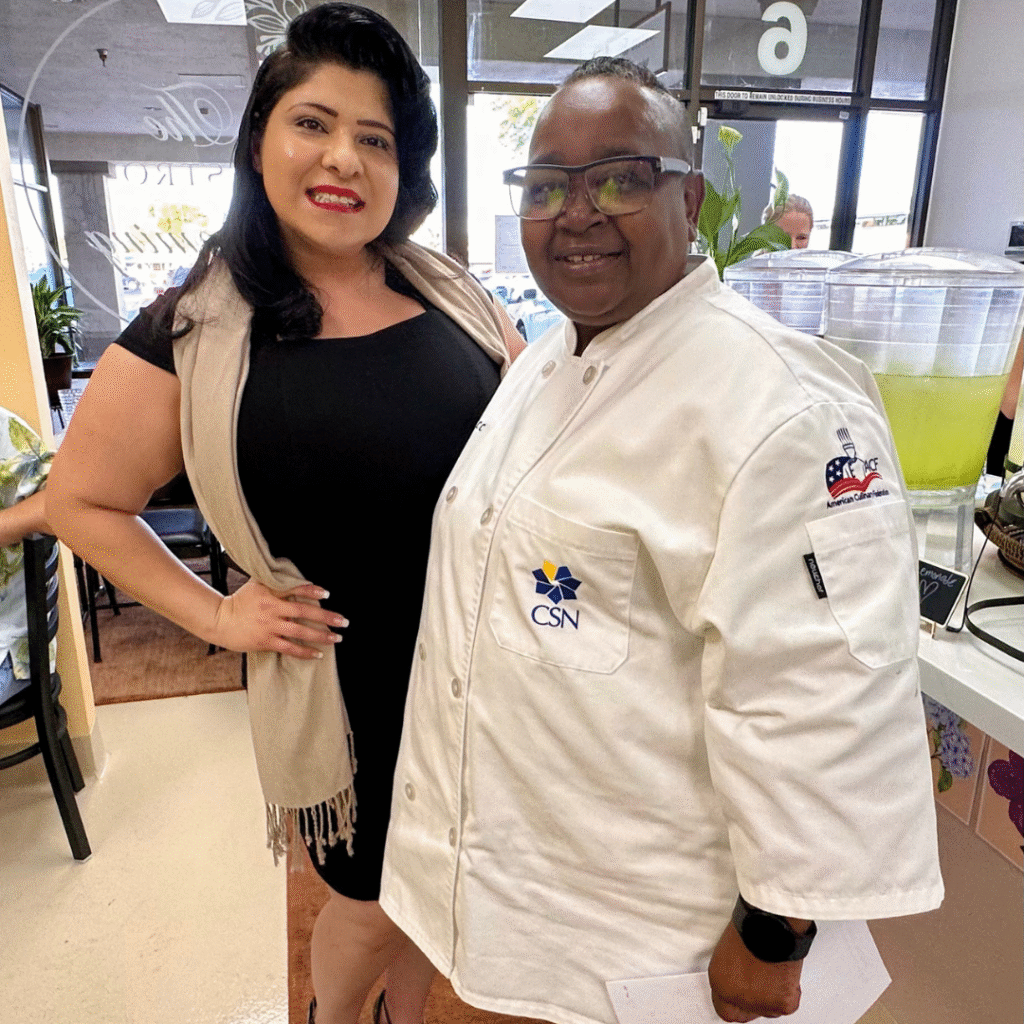 Timothy SY Lam Foundation Director Charity Mills with ACF Chefs Las Vegas President Angela Armstrong